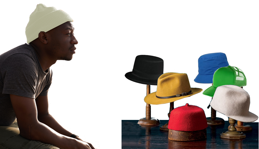 A man wearing a white hat looking at six colored hats